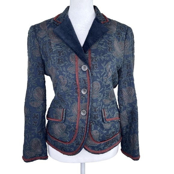 DKNY Blazer Womens 4 Blue Jacquard Floral Embroidered Wool Velvet Trim Jacket - Picture 1 of 10